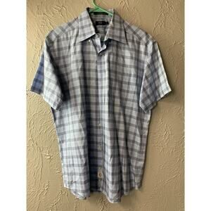 Lincs David Chu Blue Check Short Sleeve Button Down Egyptian‎ Cotton Size Medium